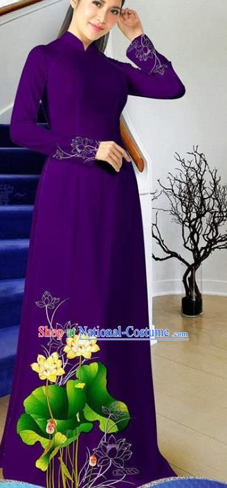 Asian Clothing Traditional Classical Costumes Vietnam Cheongsam Women Qipao Vietnamese Purple Ao Dai Dress with Pants Two Piece Set