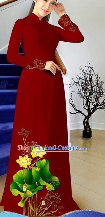 Vietnamese Ao Dai Dress with Pants Asian Clothing Traditional Classical Costumes Women Qipao Two Piece Set Vietnam Maroon Cheongsam