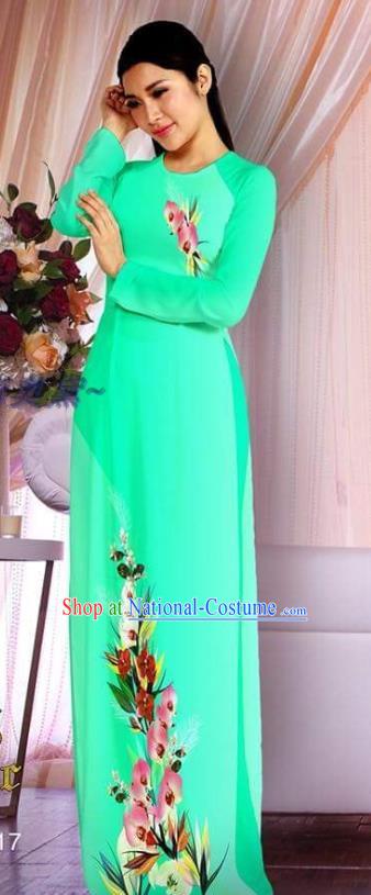 Vietnamese Printing Light Green Ao Dai Dress with Pants Asian Clothing Traditional Classical Costumes Vietnam Cheongsam Women Qipao