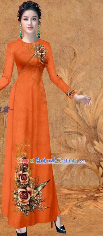 Traditional Printing Rose Orange Qipao Dress with Loose Pants Women Ao Dai Outfits Vietnamese Cheongsam Clothing Vietnam Stage Show Fashion