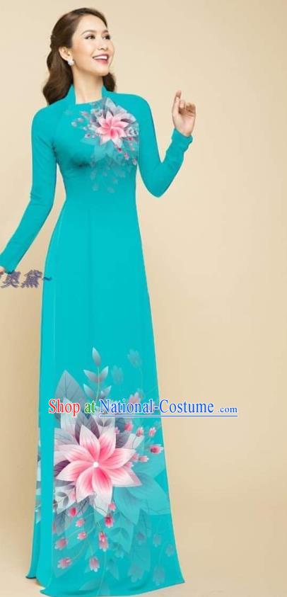 Vietnamese Women Teal Ao Dai Qipao Dress with Loose Pants Outfits Traditional Vietnam Clothing Oriental Beauty Cheongsam Fashion