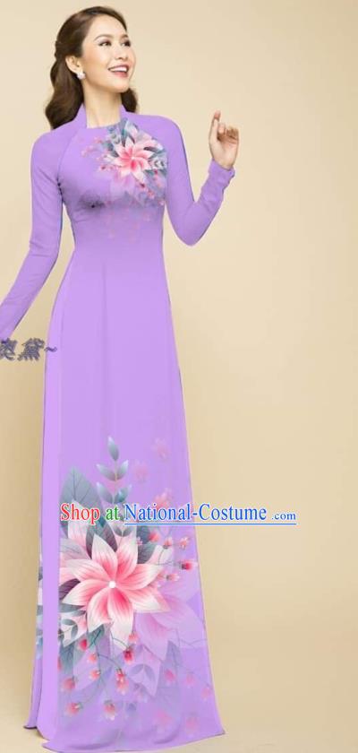 Oriental Violet Cheongsam Traditional Vietnamese Women Ao Dai Qipao Dress with Loose Pants Outfits Clothing Vietnam Fashion