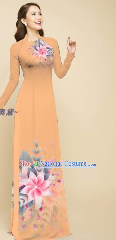 Vietnamese Traditional Ao Dai Qipao Dress with Loose Pants Oriental Beauty Apricot Cheongsam Outfits Vietnam Fashion Clothing