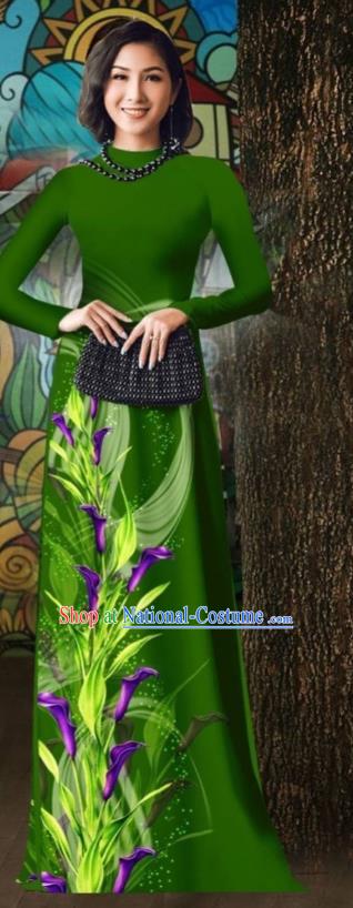 Traditional Deep Green Ao Dai Cheongsam Vietnamese Oriental Qipao Dress with Loose Pants Outfits Vietnam Stage Show Costume