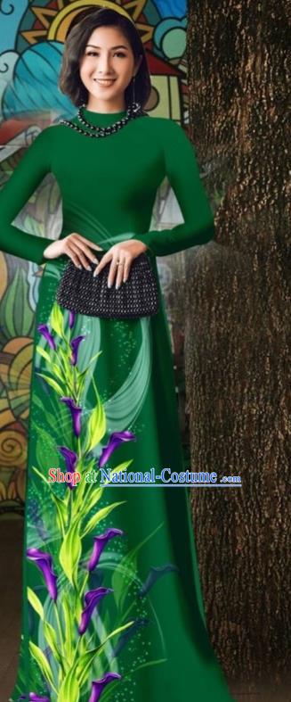 Vietnamese Oriental Qipao Dress with Loose Pants Outfits Vietnam Stage Show Costume Traditional Dark Green Ao Dai Cheongsam