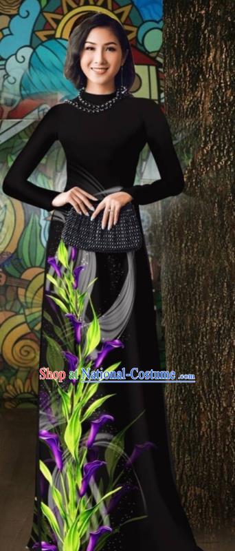 Vietnamese Traditional Ao Dai Dress Vietnam Stage Show Costume Oriental Classical Qipao with Loose Pants Outfits Black Cheongsam