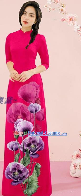 Oriental Rosy Cheongsam Vietnamese Fashion Outfits Classical Qipao with Loose Pants Traditional Ao Dai Dress Vietnam Stage Show Costume