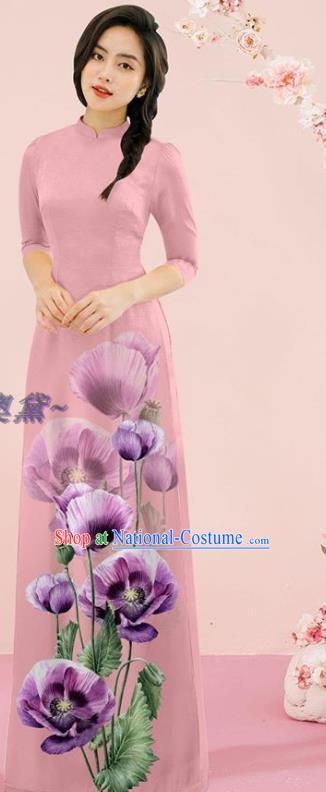 Traditional Oriental Pink Cheongsam Vietnamese Costume Fashion Classical Qipao with Loose Pants Outfits Vietnam Ao Dai Dress