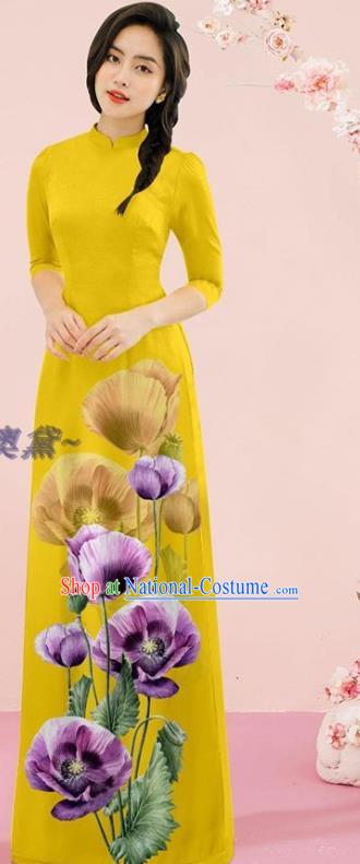 Vietnam Costume Yellow Ao Dai Dress Classical Qipao with Loose Pants Outfits Traditional Oriental Cheongsam Vietnamese Fashion