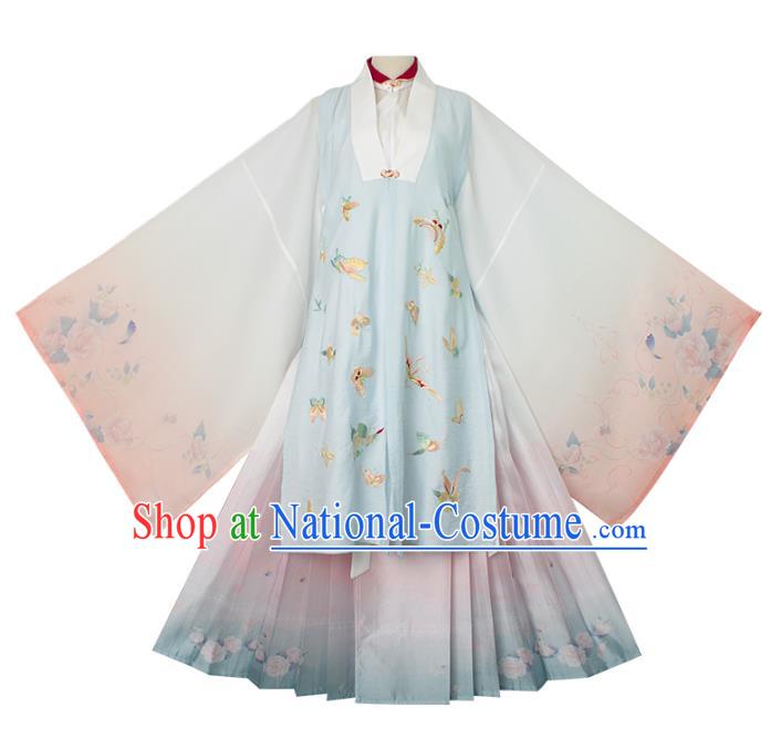 Chinese Ancient Costumes Traditional Ming Dynasty Rich Female Embroidered Vest Long Gown and Skirt Complete Set