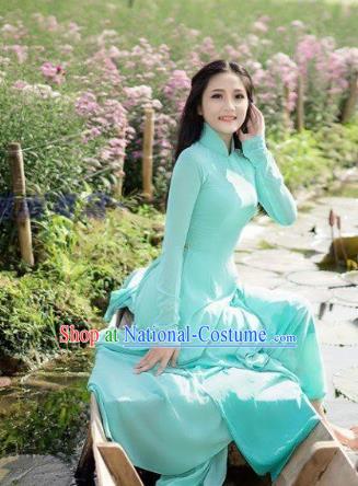 Asian Chinese Light Blue Qipao Vietnamese Women Costumes Custom Vietnam Classical Cheongsam with Pants Traditional Ao Dai Dress Clothing