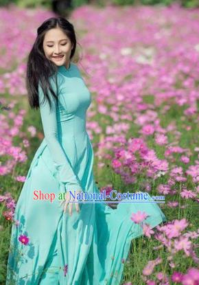 Asian Chinese Light Blue Qipao Vietnamese Women Costumes Custom Vietnam Classical Cheongsam with Pants Traditional Ao Dai Dress Clothing