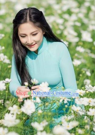 Asian Chinese Light Blue Qipao Vietnamese Women Costumes Custom Vietnam Classical Cheongsam with Pants Traditional Ao Dai Dress Clothing