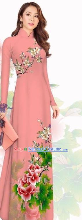 Asian Vietnam Custom Qipao Women Classical Printing Cheongsam Traditional Clothing Vietnamese Pink Ao Dai Dress with Pants