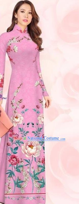 Custom Costumes Vietnam Bride Dress Women Qipao with Pants Asian Vietnamese Ao Dai Two Pieces Set Traditional Pink Cheongsam