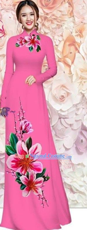 Traditional Vietnamese Women Clothing Asian Vietnam Custom Qipao with Pants Classical Printing Cheongsam Pink Ao Dai Dress