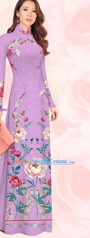 Asian Bride Purple Dress Traditional Fashion Vietnamese Ao Dai Clothing Custom Women Qipao with Pants Vietnam Cheongsam