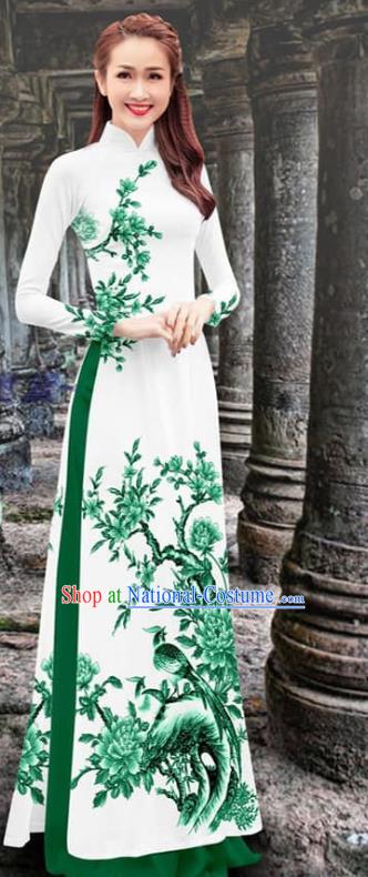 Asian Vietnam Women Clothing Traditional Vietnamese Ao Dai Two Piece Set Custom Cheongsam Fashion Qipao Dress with Green Pants