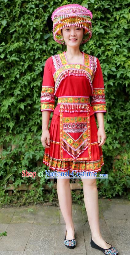 China Ethnic Women Clothing Traditional Miao Nationality Folk Dance Red Blouse and Short Pleated Skirt with Hat