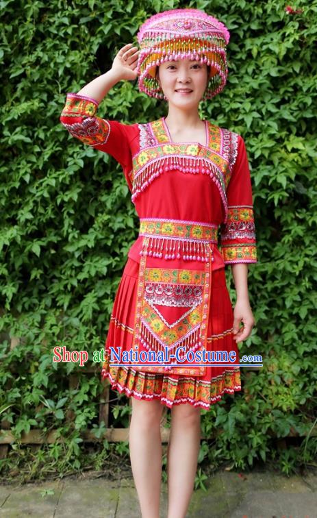 China Ethnic Women Clothing Traditional Miao Nationality Folk Dance Red Blouse and Short Pleated Skirt with Hat