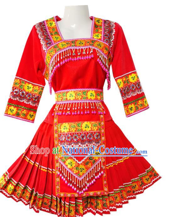 China Ethnic Women Clothing Traditional Miao Nationality Folk Dance Red Blouse and Short Pleated Skirt with Hat