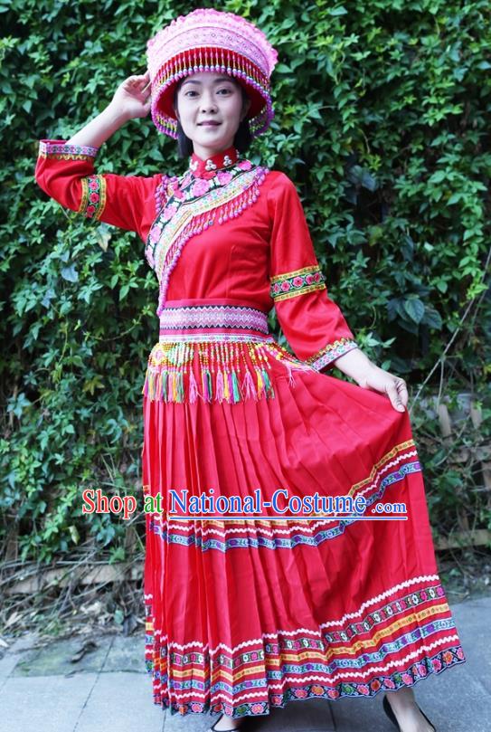 China Yunnan Lisu Nationality Red Blouse and Long Skirt Traditional Ethnic Women Uniforms with Headpiece Embroidered Belt