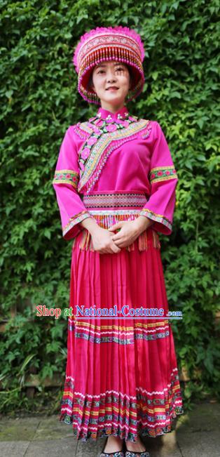 Traditional Ethnic Women Rosy Uniforms Embroidered Waistband China Yunnan Lisu Nationality Blouse and Long Skirt with Headwear