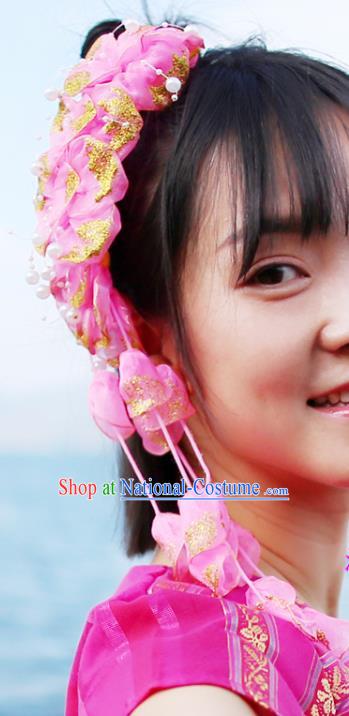 Chinese Dai Nationality Bride Pink Silk Flowers Hair Claw Traditional Yunnan Ethnic Women Tassel Headpiece