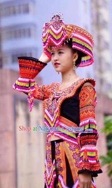 Yunnan Yao Minority Red Blouse and Skirt Top Quality Women Dance Clothing China Ethnic Nationality Costumes with Headdress