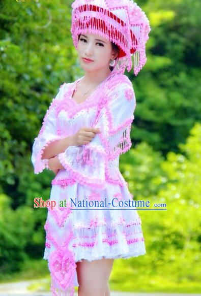 China Ethnic Women Pink Beads Tassel Blouse and Short Skirt Folk Dance Clothing Miao Nationality Fashion Costumes with Hat