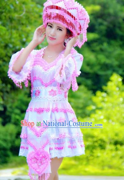 China Ethnic Women Pink Beads Tassel Blouse and Short Skirt Folk Dance Clothing Miao Nationality Fashion Costumes with Hat