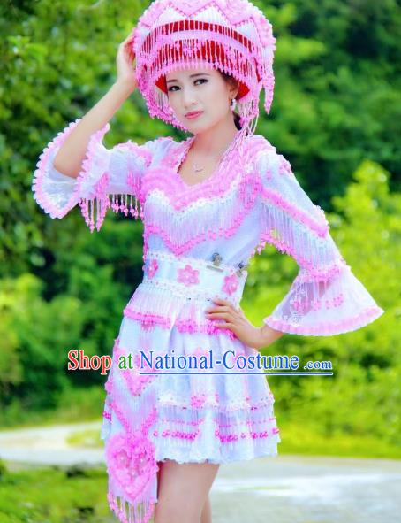 China Ethnic Women Pink Beads Tassel Blouse and Short Skirt Folk Dance Clothing Miao Nationality Fashion Costumes with Hat