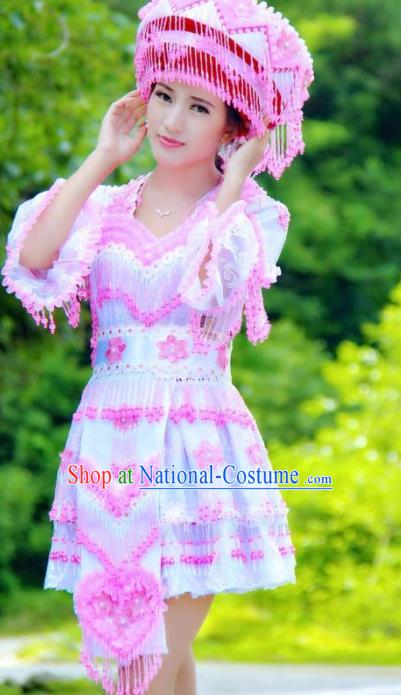 China Ethnic Women Pink Beads Tassel Blouse and Short Skirt Folk Dance Clothing Miao Nationality Fashion Costumes with Hat