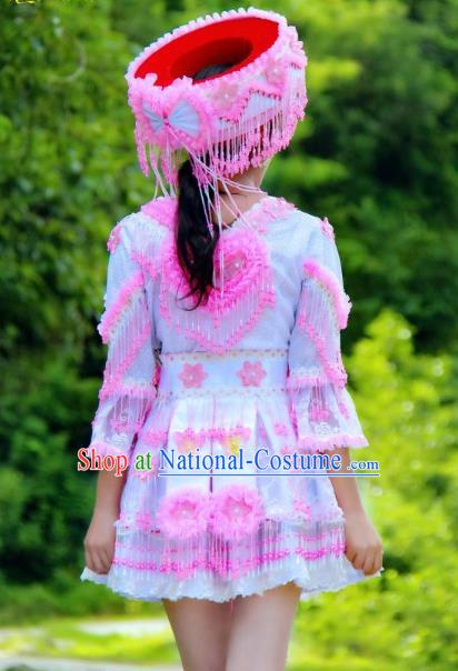 China Ethnic Women Pink Beads Tassel Blouse and Short Skirt Folk Dance Clothing Miao Nationality Fashion Costumes with Hat