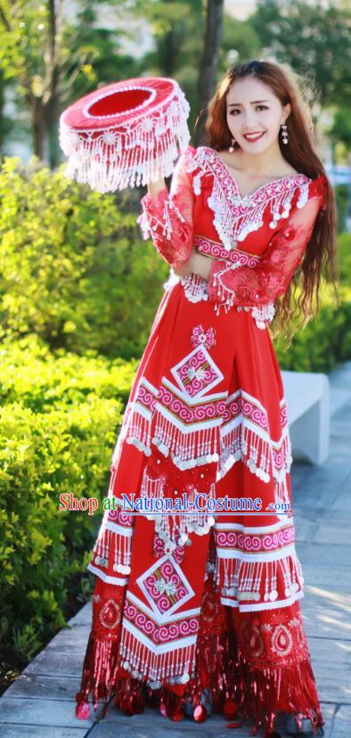 Yunnan Miao Minority Bride Red Long Dress Traditional Festival Celebration Costumes China Ethnic Wedding Women Apparels and Headdress