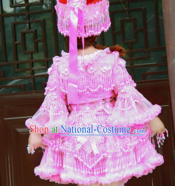 Yunnan Mengzi Minority Folk Dance Rosy Short Dress Traditional Wedding Bride Costumes China Yao Ethnic Women Apparels and Headdress