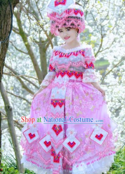 China Yunnan Ethnic Women Fashion Minority Bride Clothing Miao Nationality Wedding Pink Blouse and Long Skirt with Headdress