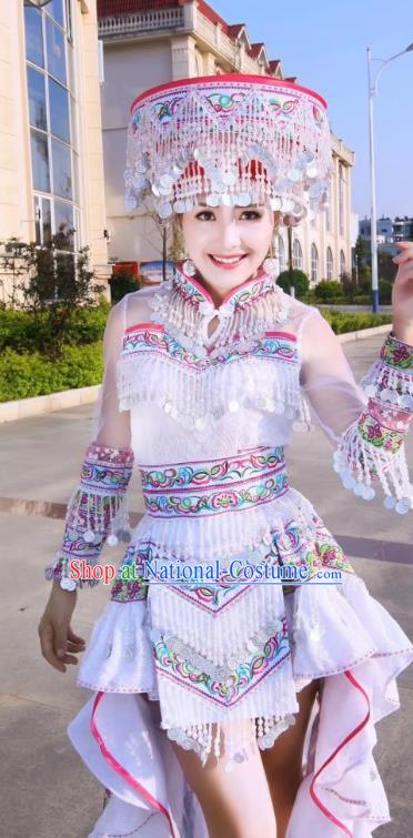 China Ethnic Folk Dance Apparels Traditional Miao Nationality Stage Performance Costumes Minority Women White Dress and Headpiece