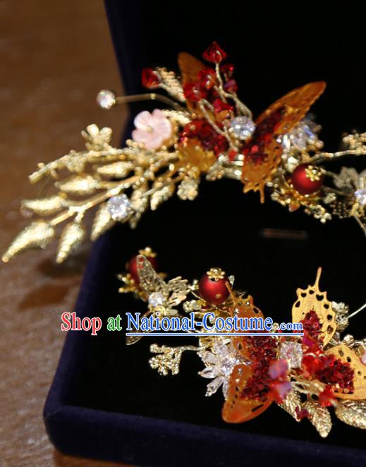 Chinese Classical Red Butterfly Hair Sticks Hair Accessories Traditional Wedding Crystal Hairpins