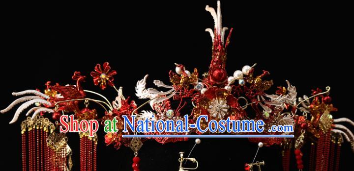 Chinese Traditional Wedding Bride Hair Accessories Xiuhe Suit Red Flower Phoenix Coronet