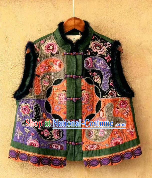 China National Green Flax Waistcoat Guizhou Ethnic Embroidered Vest Women Traditional Tang Suit Upper Outer Garment Clothing