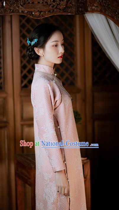 Chinese Classical Pink Qipao Dress National Cheongsam Traditional Women Embroidered Costume