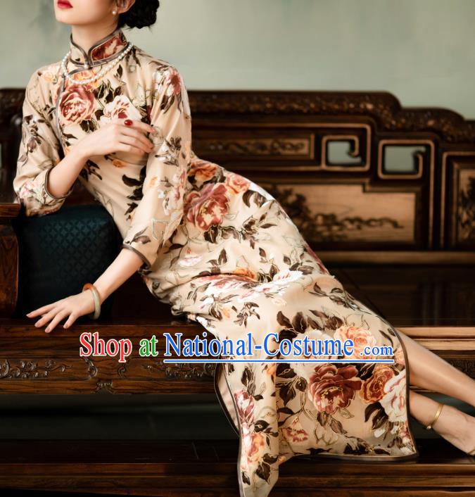 Chinese Classical Printing Peony Beige Qipao Dress National Women Cheongsam Traditional Costume