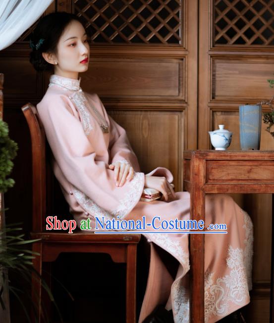 Chinese Classical Qipao Dress National Women Embroidered Pink Woolen Cheongsam Traditional Costume