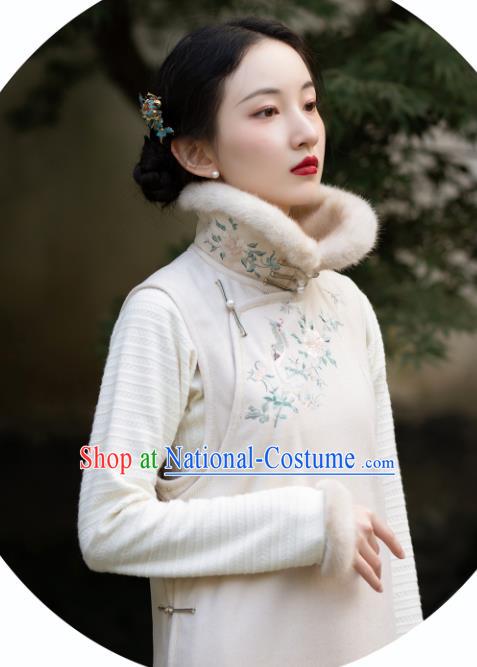 Chinese Classical Qipao Dress Embroidered White Cheongsam Traditional National Women Costume