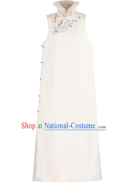 Chinese Classical Qipao Dress Embroidered White Cheongsam Traditional National Women Costume