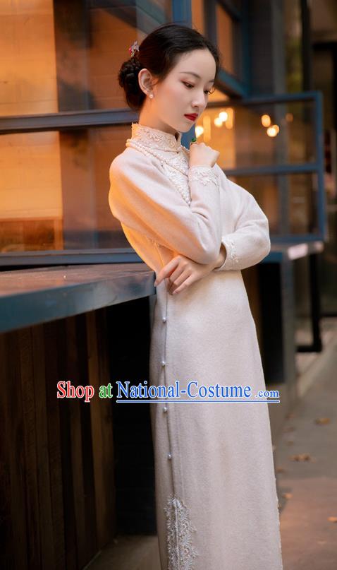 Chinese National Beige Woolen Cheongsam Republic of China Traditional Women Costume Classical Qipao Dress