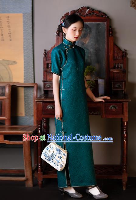 Republic of China Traditional Peacock Green Silk Qipao Dress Asian Classical Cheongsam National Retro Costume