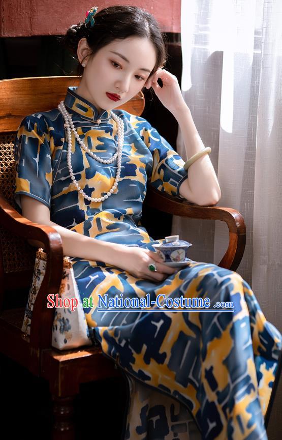 Republic of China Traditional Women Costume Classical Qipao Dress Chinese National Blue Cheongsam