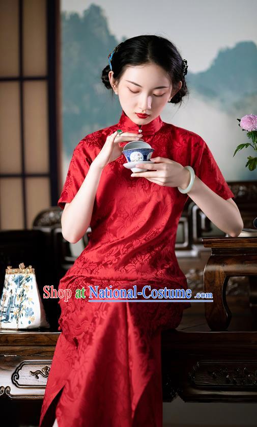 Chinese Traditional Costume National Cheongsam Republic of China Red Silk Qipao Dress